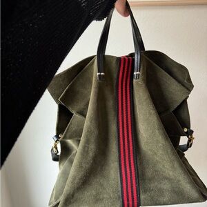 Clare V Suede Travel Tote: Olive Green with Red Stripe
